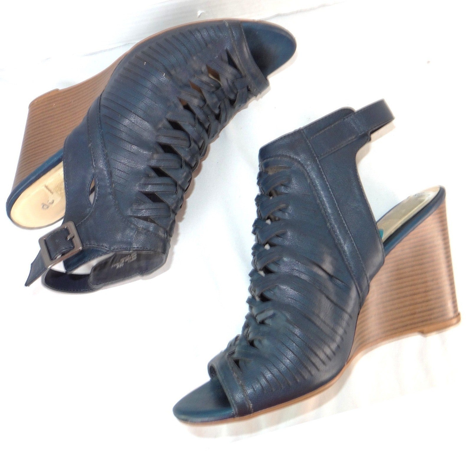 Dollhouse Snaffu Navy Blue Woven Caged Wedge Sandals Womens 10W Open Toe Buckle