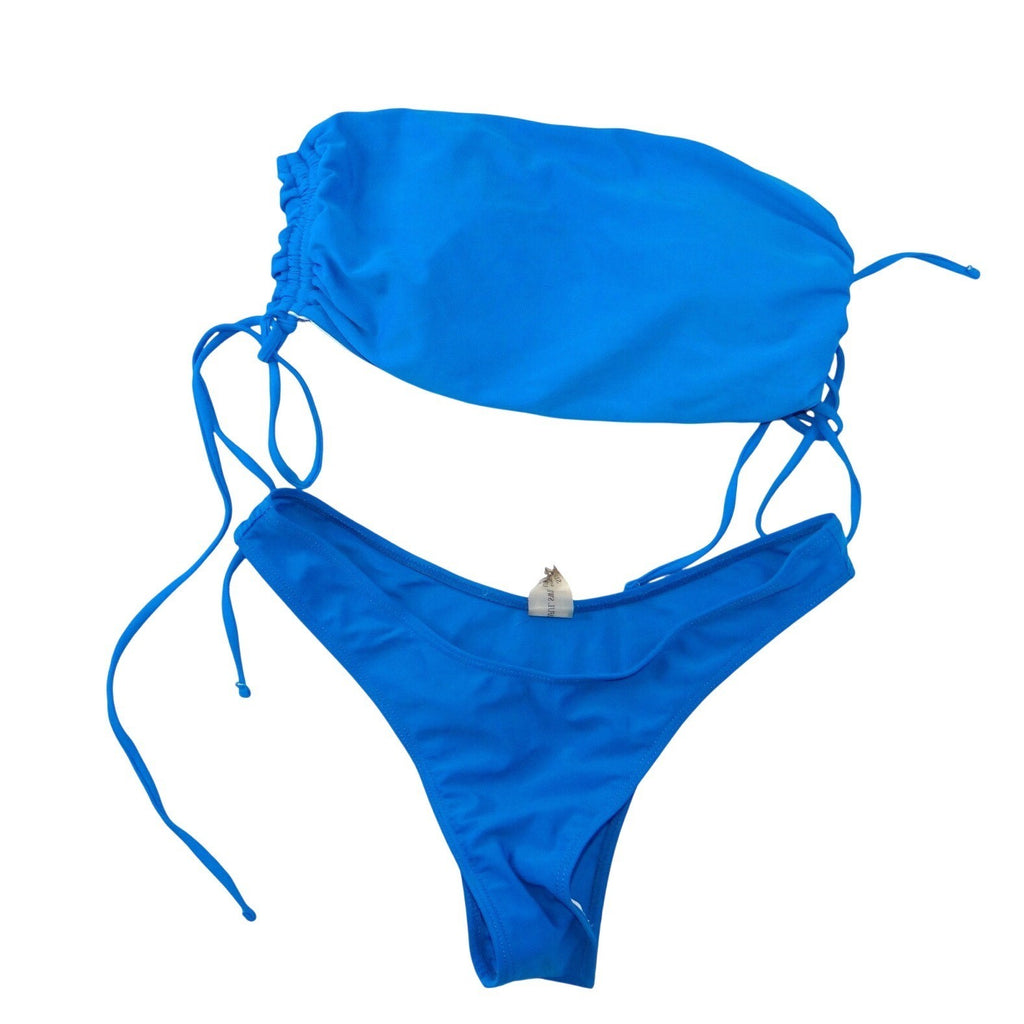 Womens Blue Ruched Bandeau Bikini Set High Cut Cheeky Swimsuit Size M