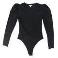 Black Puff Sleeve Ribbed Bodysuit Long Sleeve Thong Snap Closure Women