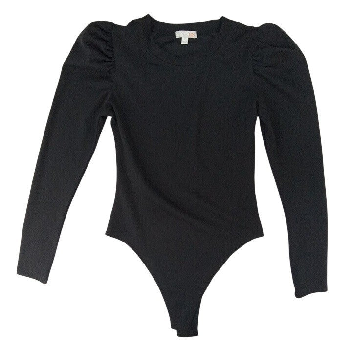 Black Puff Sleeve Ribbed Bodysuit Long Sleeve Thong Snap Closure Women