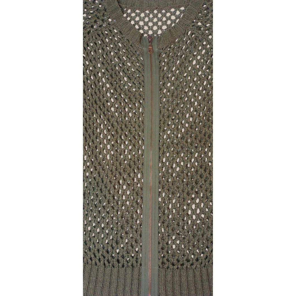 Chic Open Knit Zip Front Cardigan Olive Green Womens Lightweight Layering