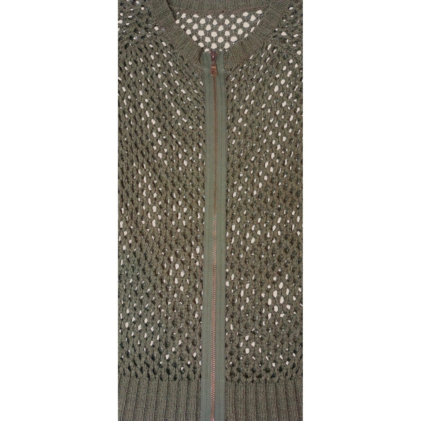 Chic Open Knit Zip Front Cardigan Olive Green Womens Lightweight Layering