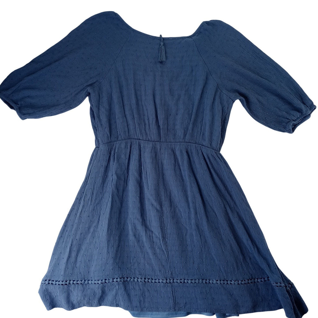 Lucky Brand Blue Textured Embroidered Tassel Tie Neck Dress - Youth Size XL