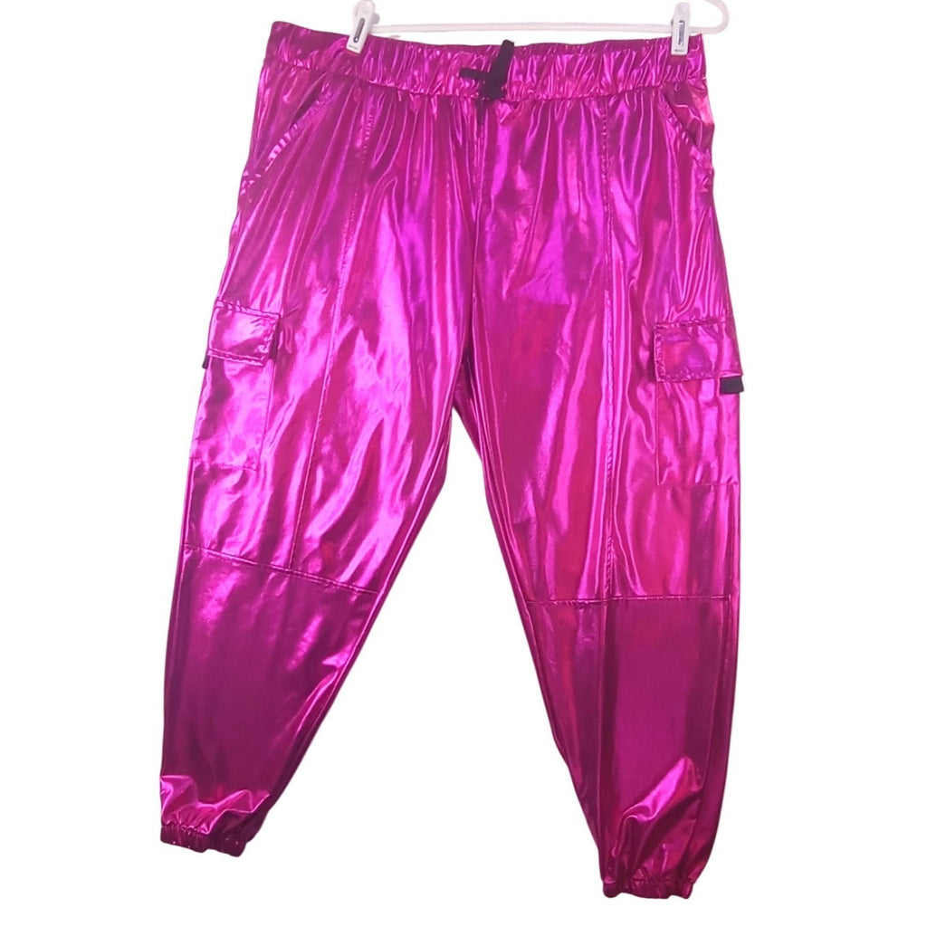 Womens Shiny Pink Cargo Joggers Metallic Shiny Pants Festival Rave