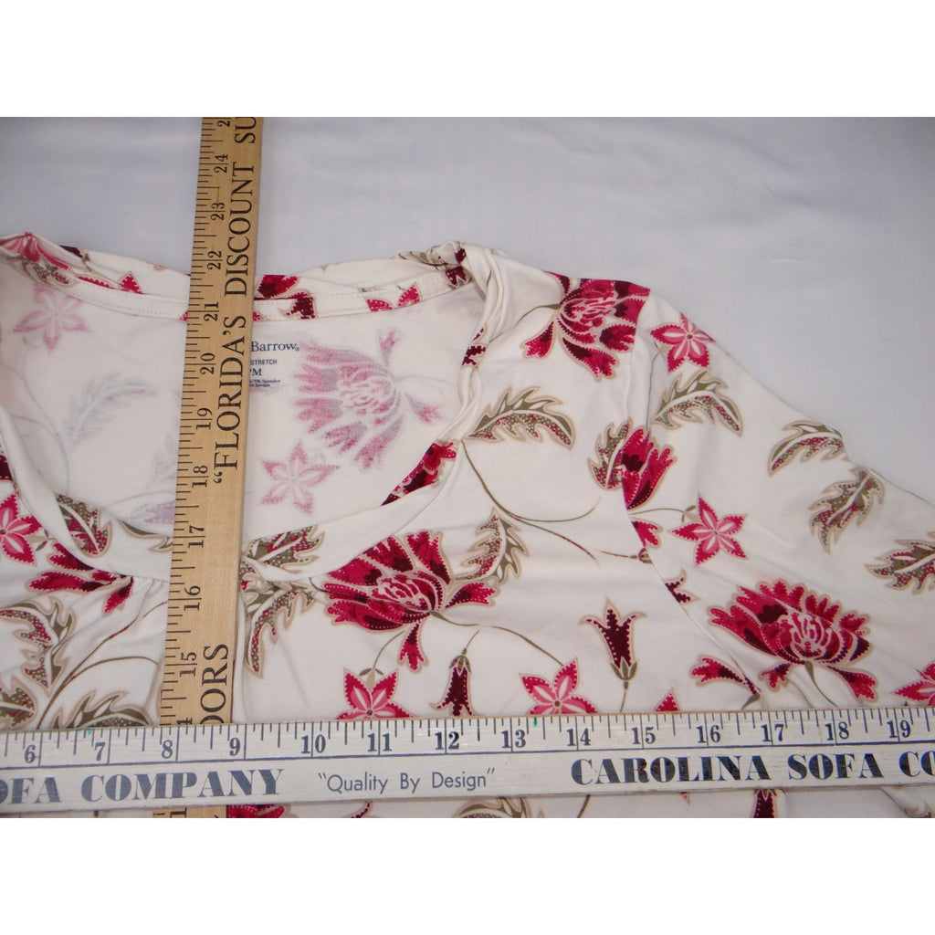 Vintage Croft & Barrow Stretch Floral Print 3/4 Sleeve Top Shirt White Pink M