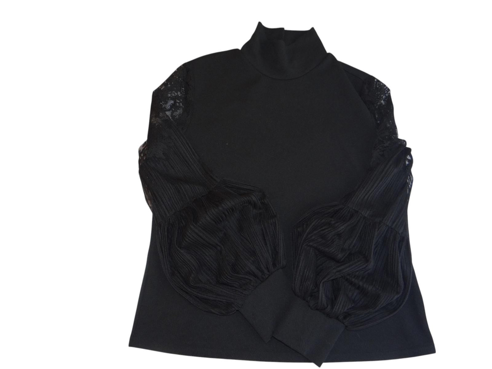 Chic Black Mock Neck Top with Lace Puff Sleeves