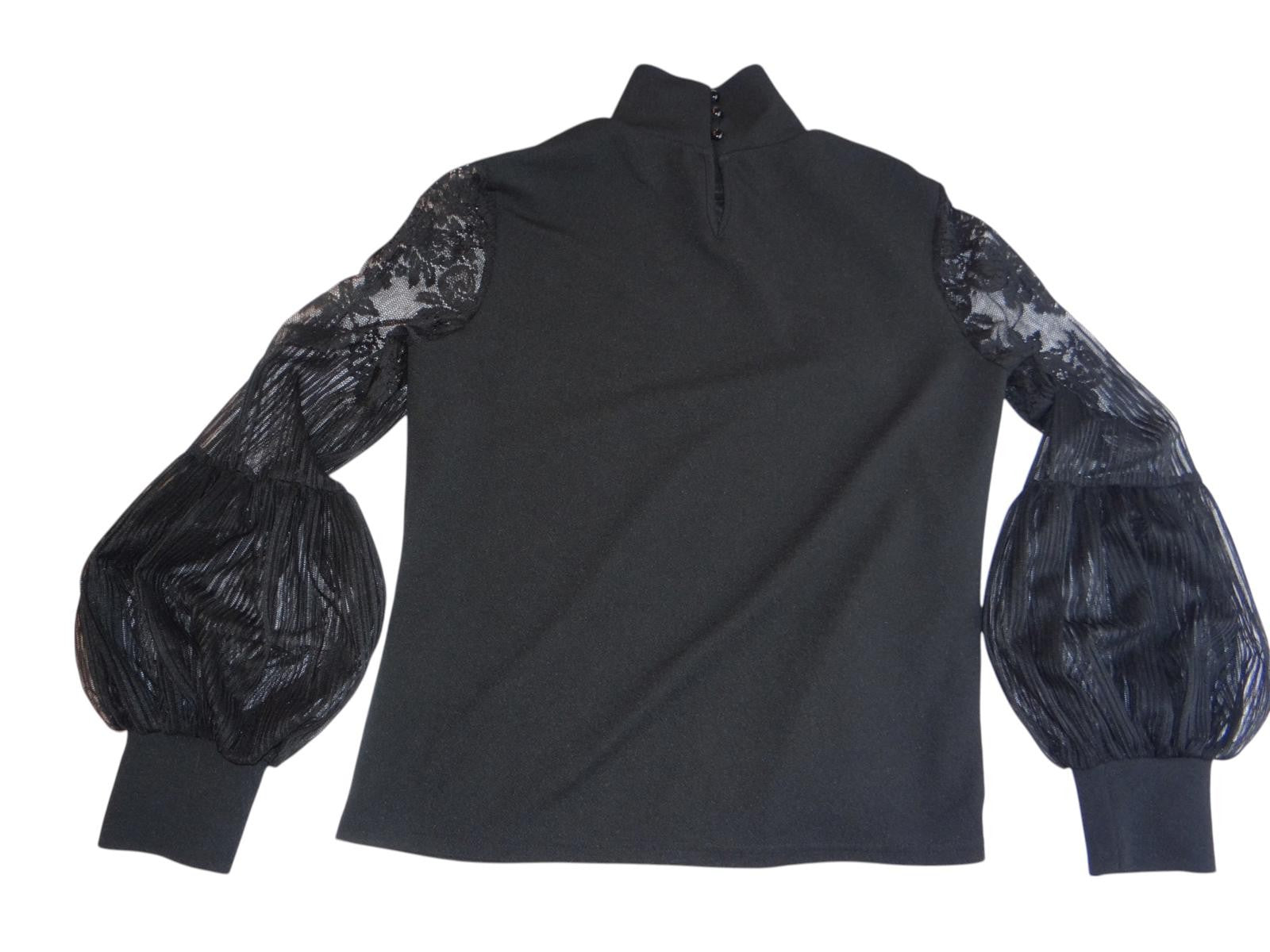 Chic Black Mock Neck Top with Lace Puff Sleeves