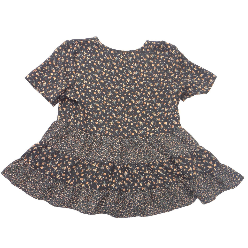 Paper Crane Womens Floral Tiered Babydoll Top Black Short Sleeve Small
