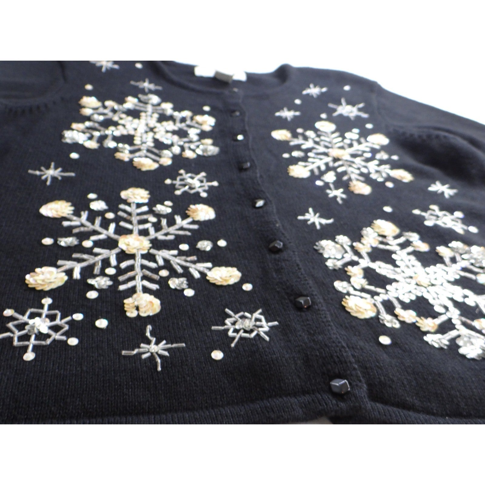 Vintage Heirloom Collectibles Sweater Cardigan Snowflake Beaded Sequin Black M