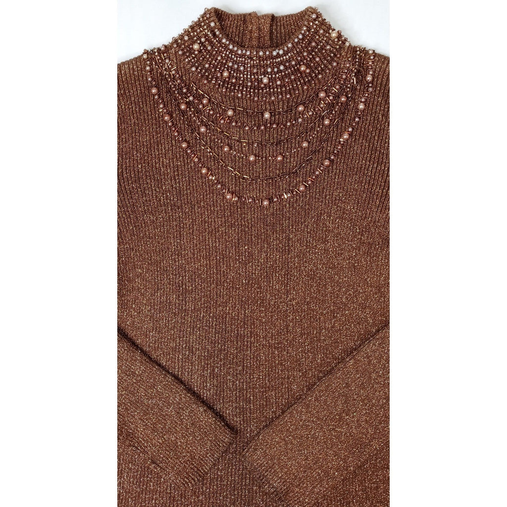 23rd Street Brown Metallic Beaded Mock Neck Long Sleeve Sweater Top Women's Med