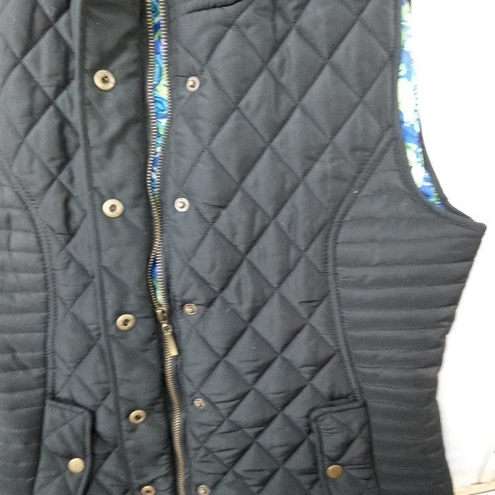 VTG Caribbean Joe Quilted Vest Black Blue Floral Lining Stand Collar Pockets M
