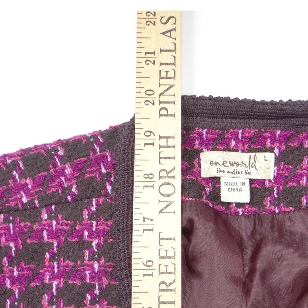 One World Womens Purple Brown Houndstooth Cropped Open Front Jacket Large 1988