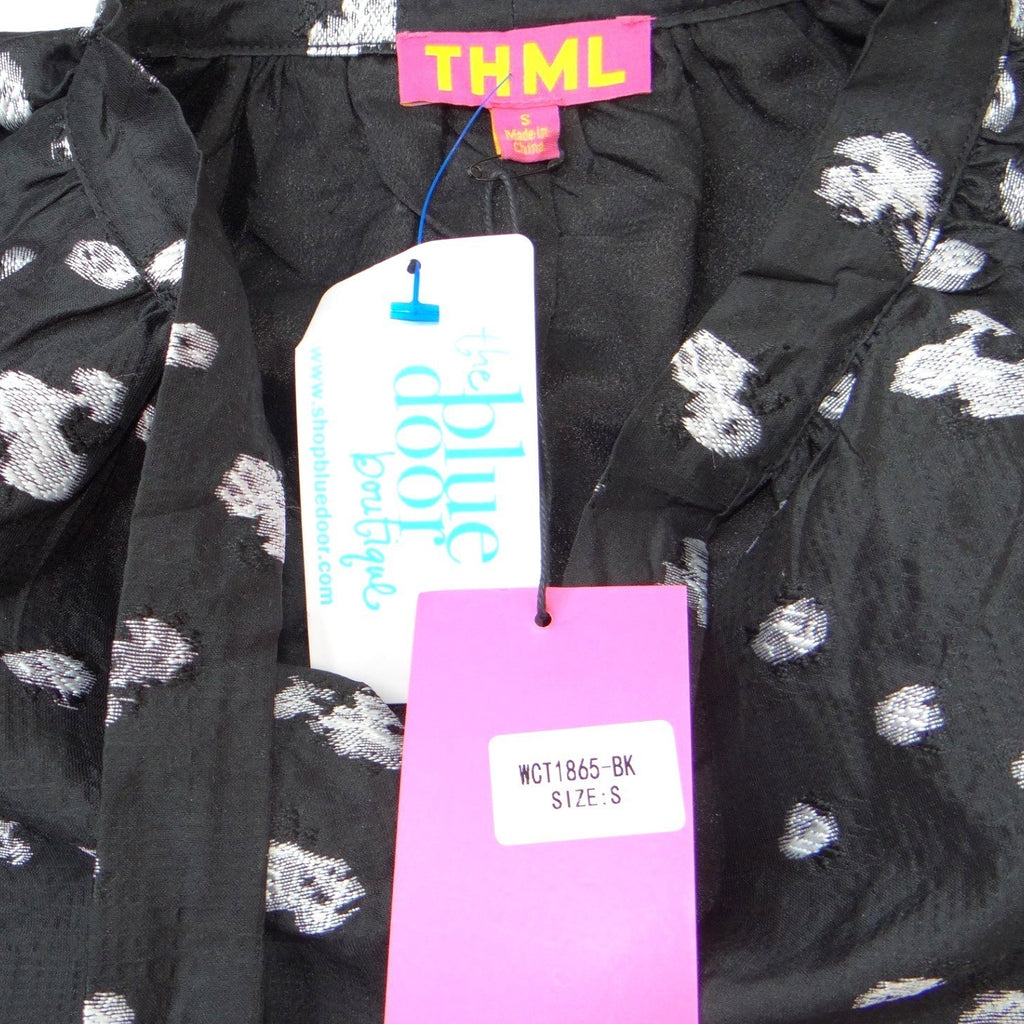 NWT-THML Womens Black Silver Metallic Embroidery Tiered Mini Dress WCT1865-BK