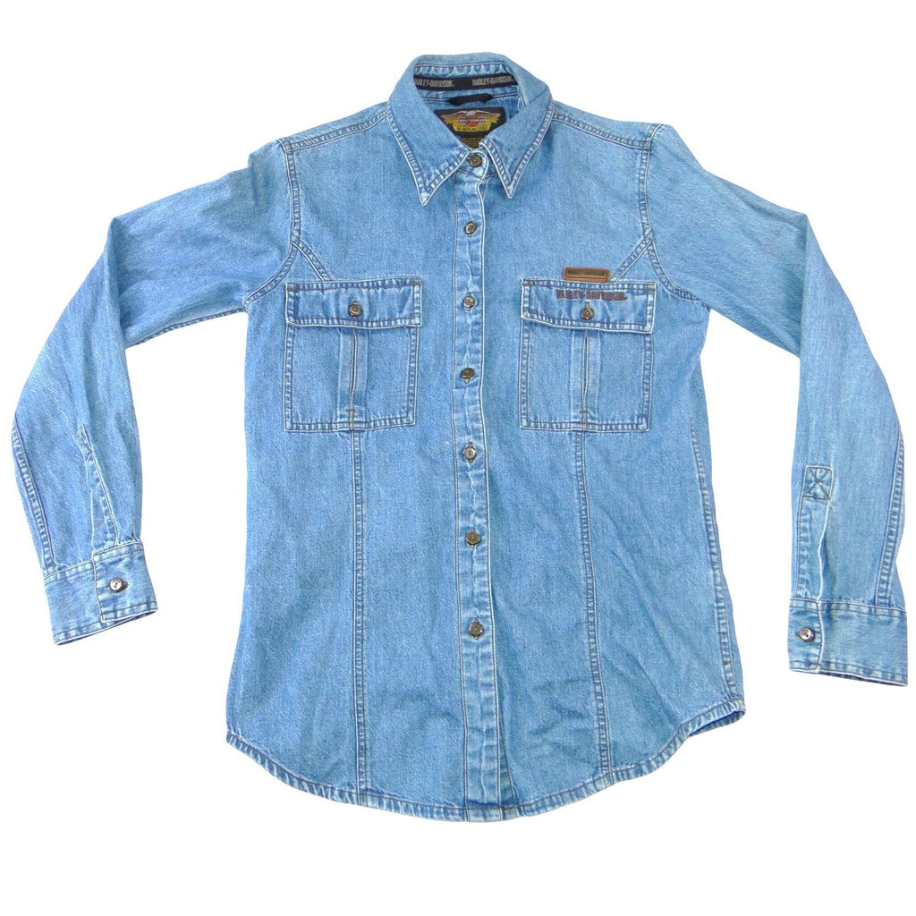 Harley Davidson Mens Blue Denim Long Sleeve Button Up Shirt Embroidered Logo