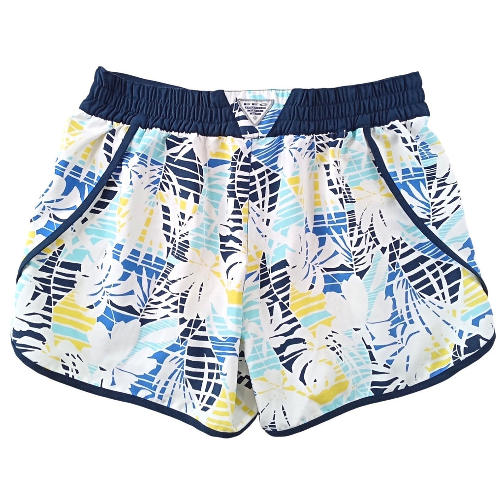 Columbia PFG Womens Tropical Leaf Board Shorts Blue White Yellow Size Small