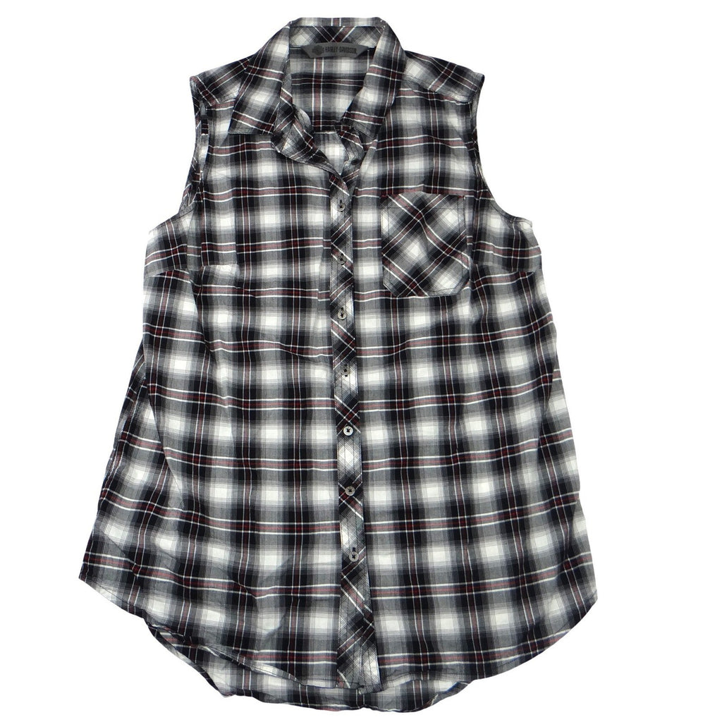 Harley Davidson Womens Sleeveless Plaid Shirt HDMC Button Up Black White Red