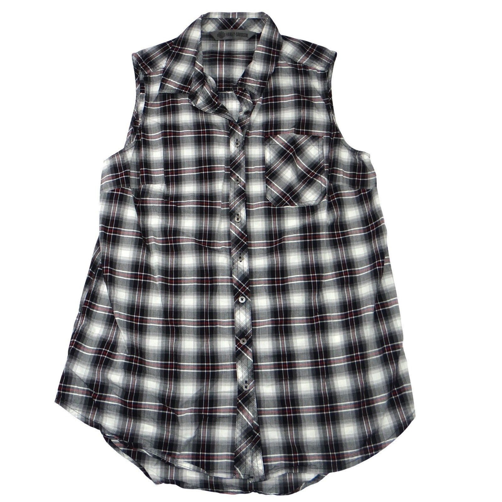 Harley Davidson Womens Sleeveless Plaid Shirt HDMC Button Up Black White Red