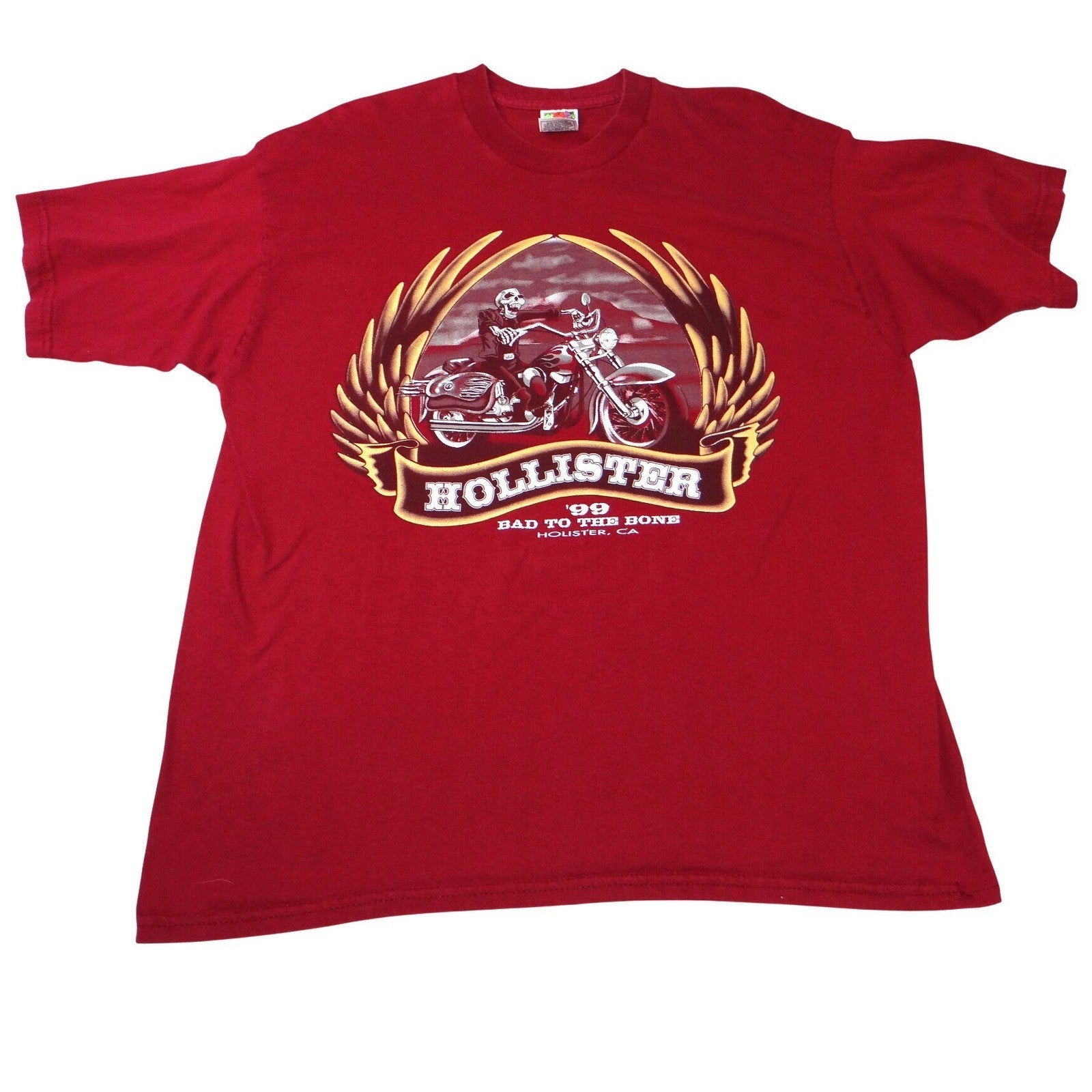 Vintage Red Skeleton Biker Bad To The Bone Tee Hollister Calif Mens XL