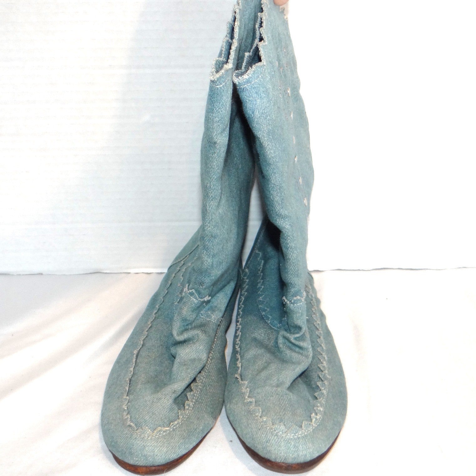 Bruno Bartoli Vintage Denim Slouch Boots Light Wash Studded Sawtooth Women 6