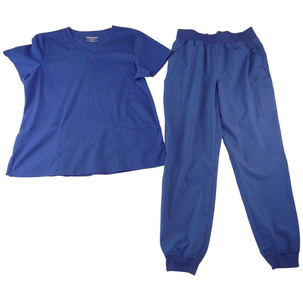 Elements Easy Stretch Navy Blue Scrub Set V-Neck Top Jogger Pants Med/Lg BU287