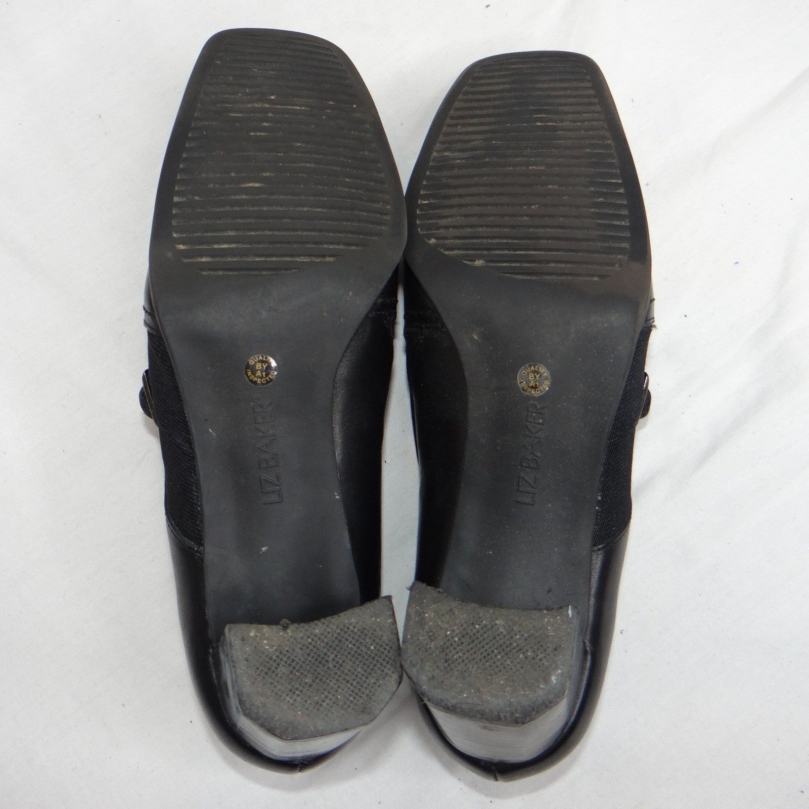 Liz Baker Black Leather Ankle Booties Block Heel Buckle Slip On Women 7.5 M B
