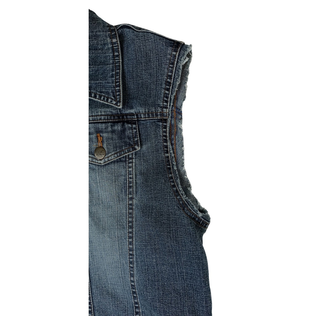 Lee Women's Denim Vest Distressed Raw Hem Blue Size L