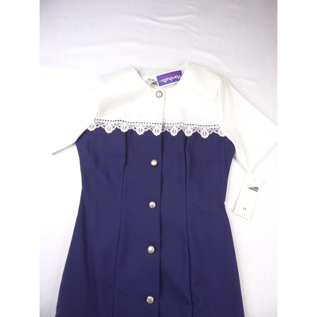 NWT Vintage Sunshine Starshine Women Navy White Pleated Drop Lace Waist Dress 12