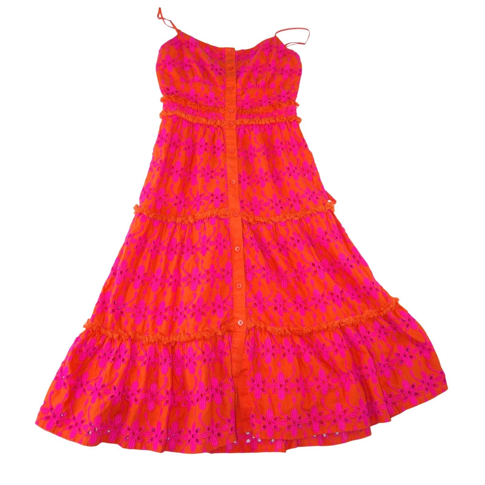 J.Crew Orange Pink Floral Eyelet Tiered Midi Dress Button Front Womens Size 0