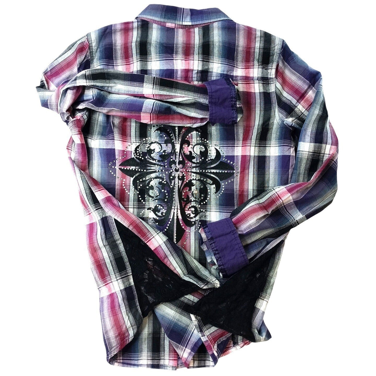 Y2K Maurice's Plaid Shirt Rhinestone Embellished Lace Western Style Women's Med