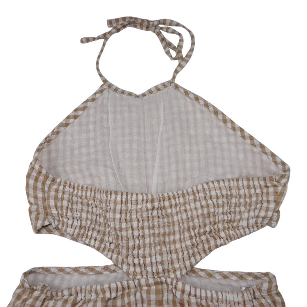Tan White Gingham Halter Cutout Ring Detail Mini Dress