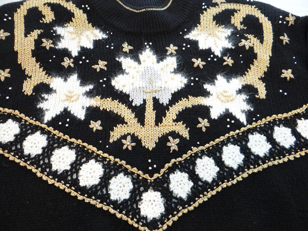 Black Women's Long Sleeve Sweater with White and Gold Floral Pattern