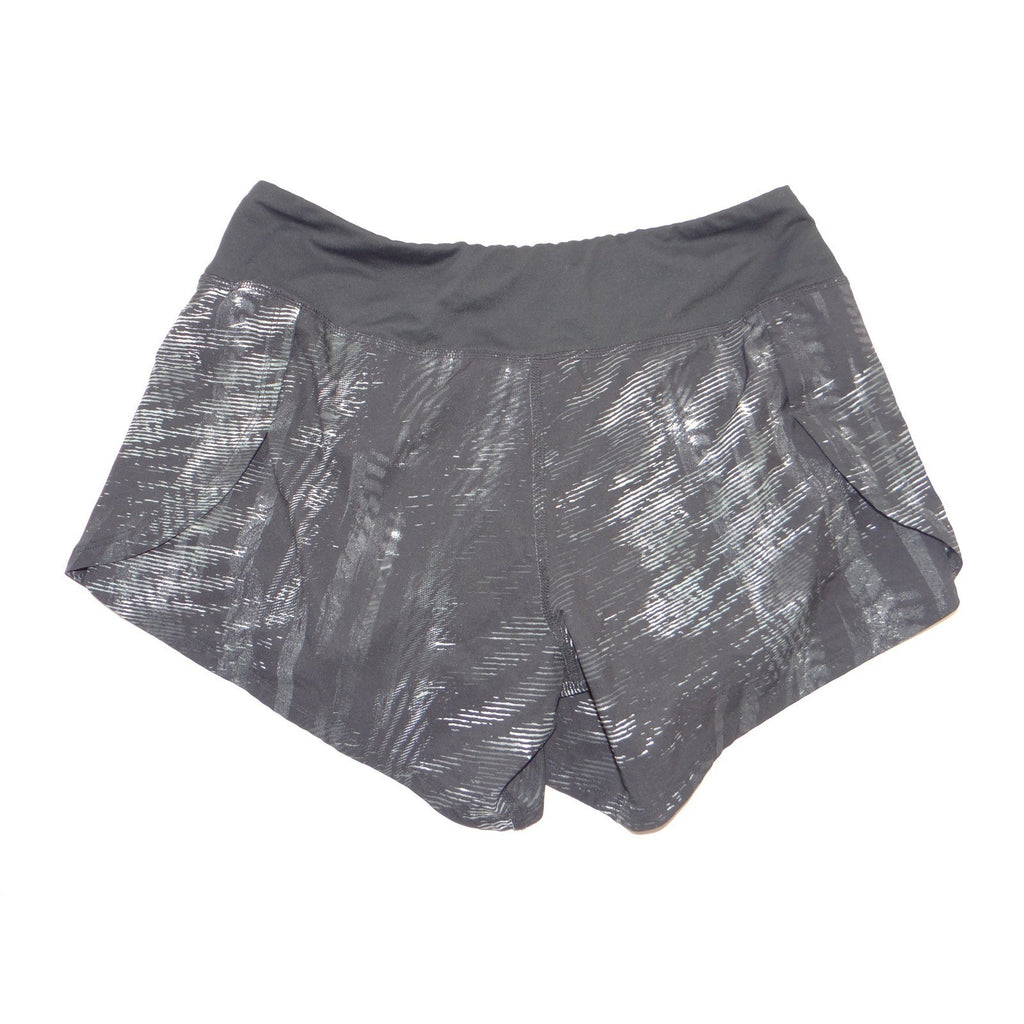 Brooks Womens Running Shorts Black Grey Abstract Streak Pattern Reflective Logo