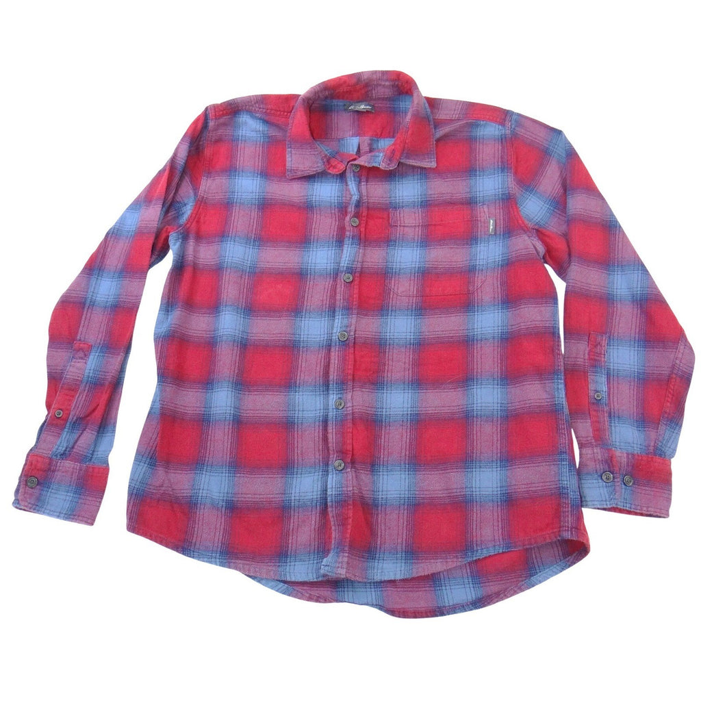Eddie Bauer Mens Large Red Blue Plaid Flannel Button Down Shirt Long Sleeve