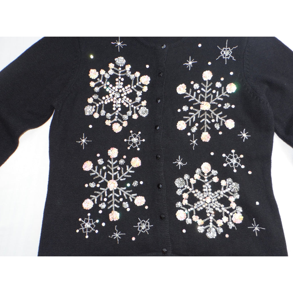 Vintage Heirloom Collectibles Sweater Cardigan Snowflake Beaded Sequin Black M