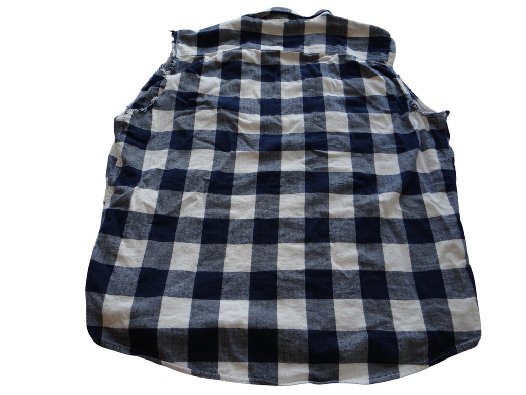 George Men's Sleeveless Distressed Cut Off Blue and White Check Casual Shirt XL