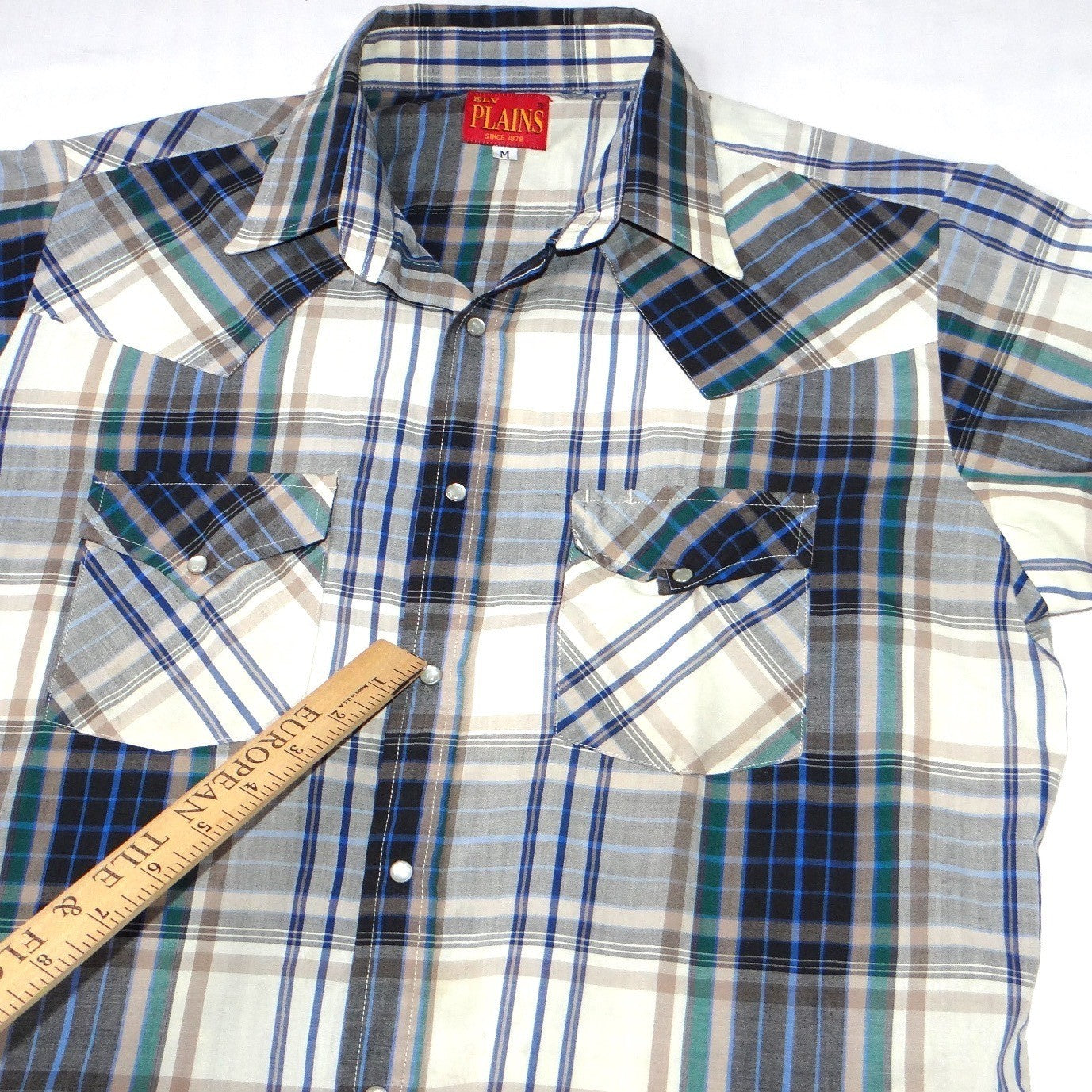 ELY PLAINS Mens Plaid Western Shirt Short Sleeve Pearl Snap Size M