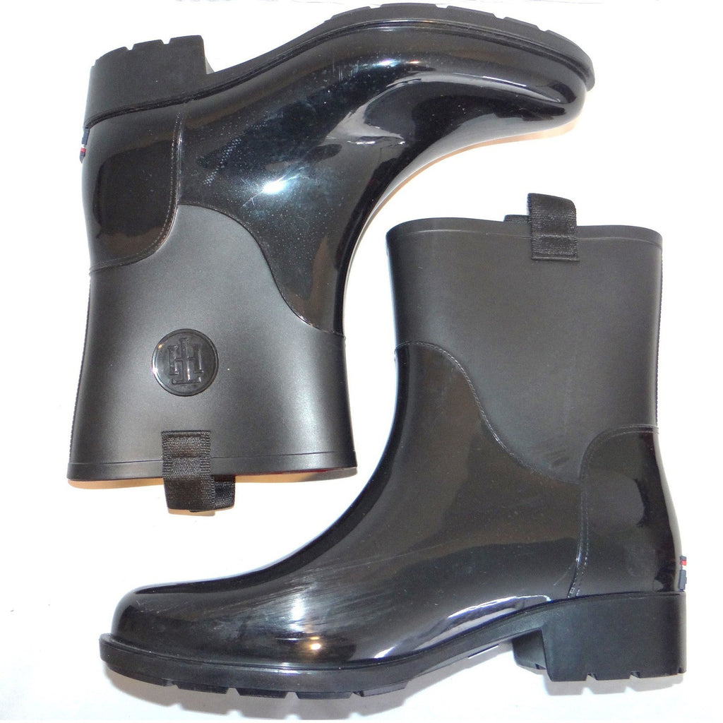 Tommy Hilfiger Khristie Black Boots Women 10M Glossy Matte Mid Calf Waterproof