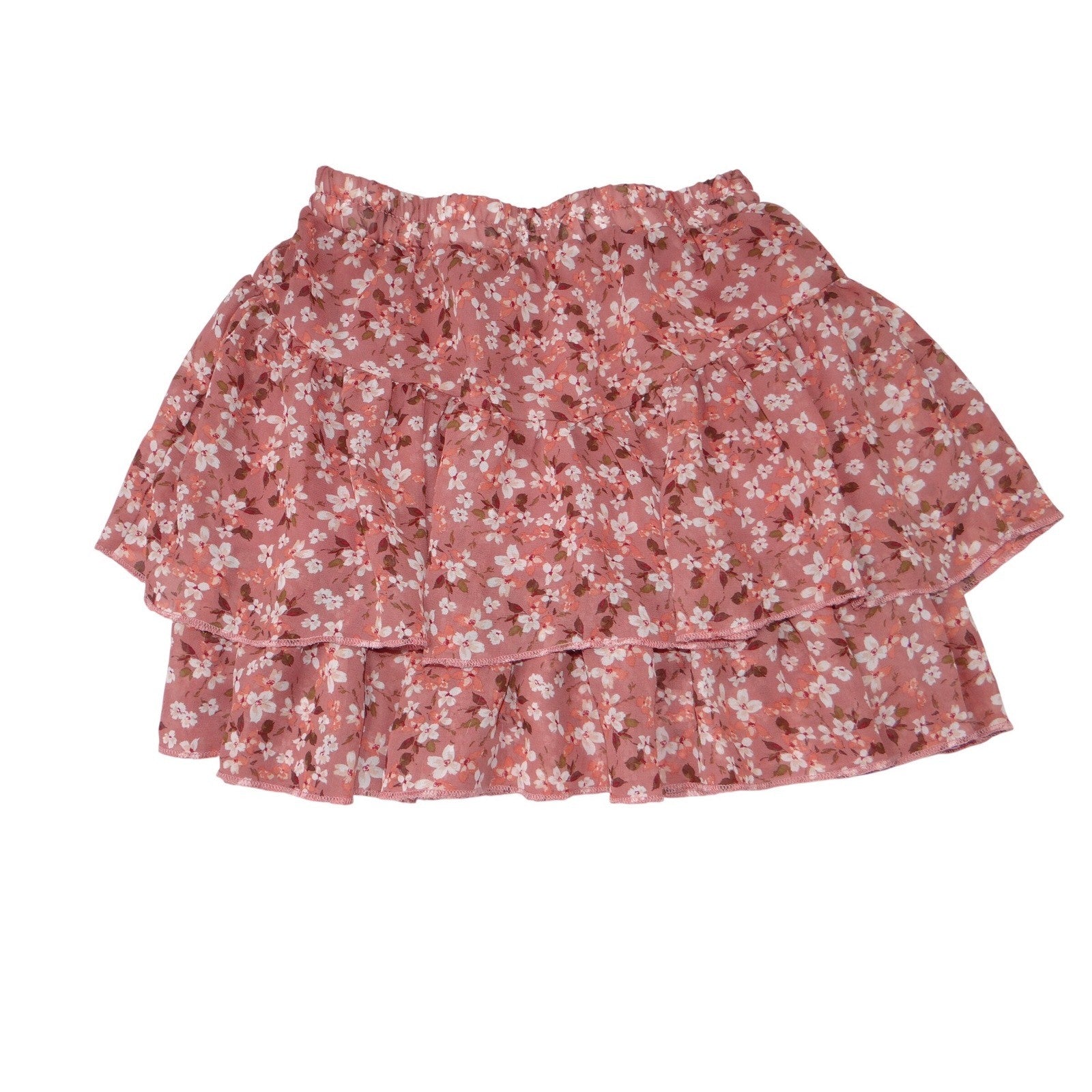 Beautees Floral Tiered Ruffle Mini Skirt Pink White Girls Size S 7 8