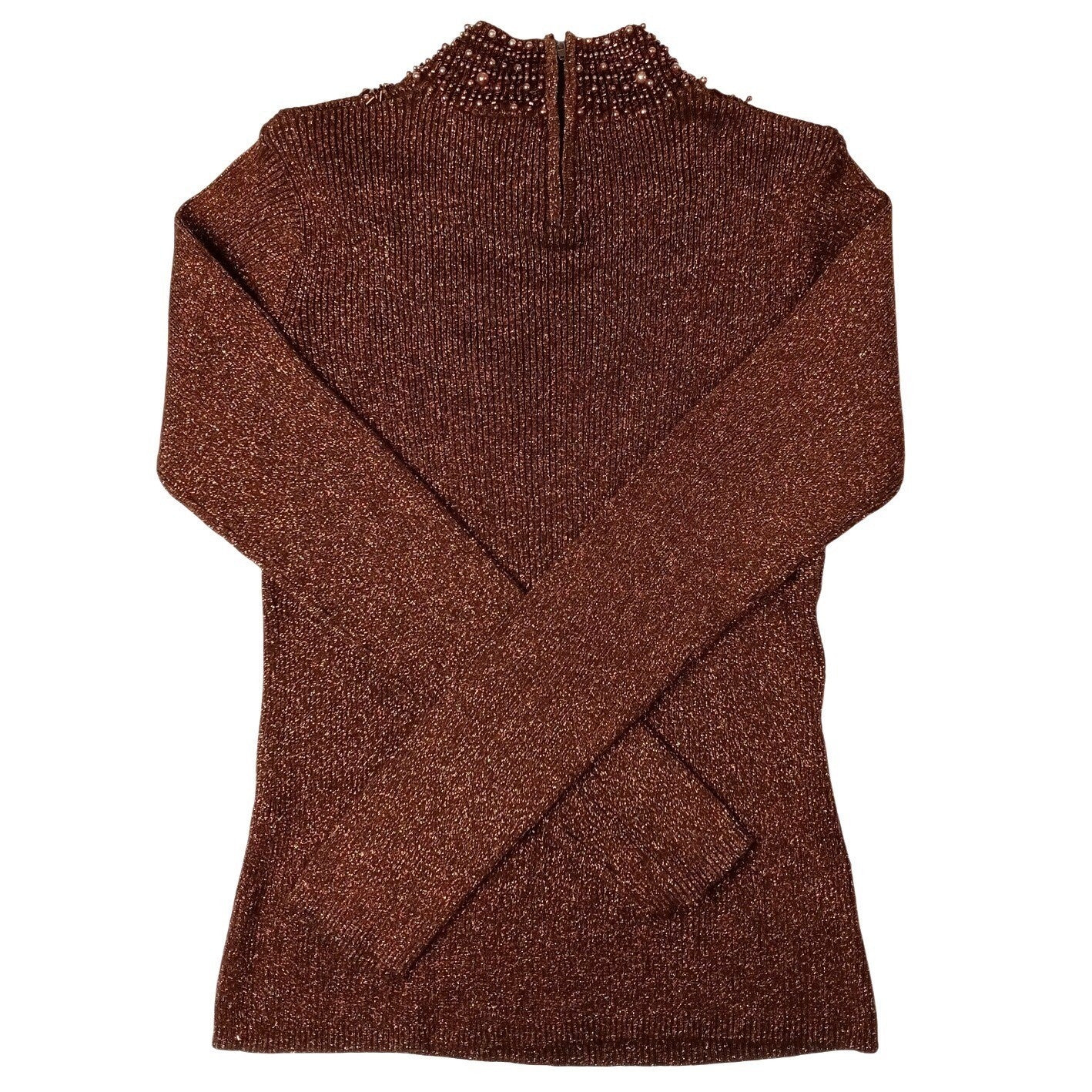 23rd Street Brown Metallic Beaded Mock Neck Long Sleeve Sweater Top Women's Med