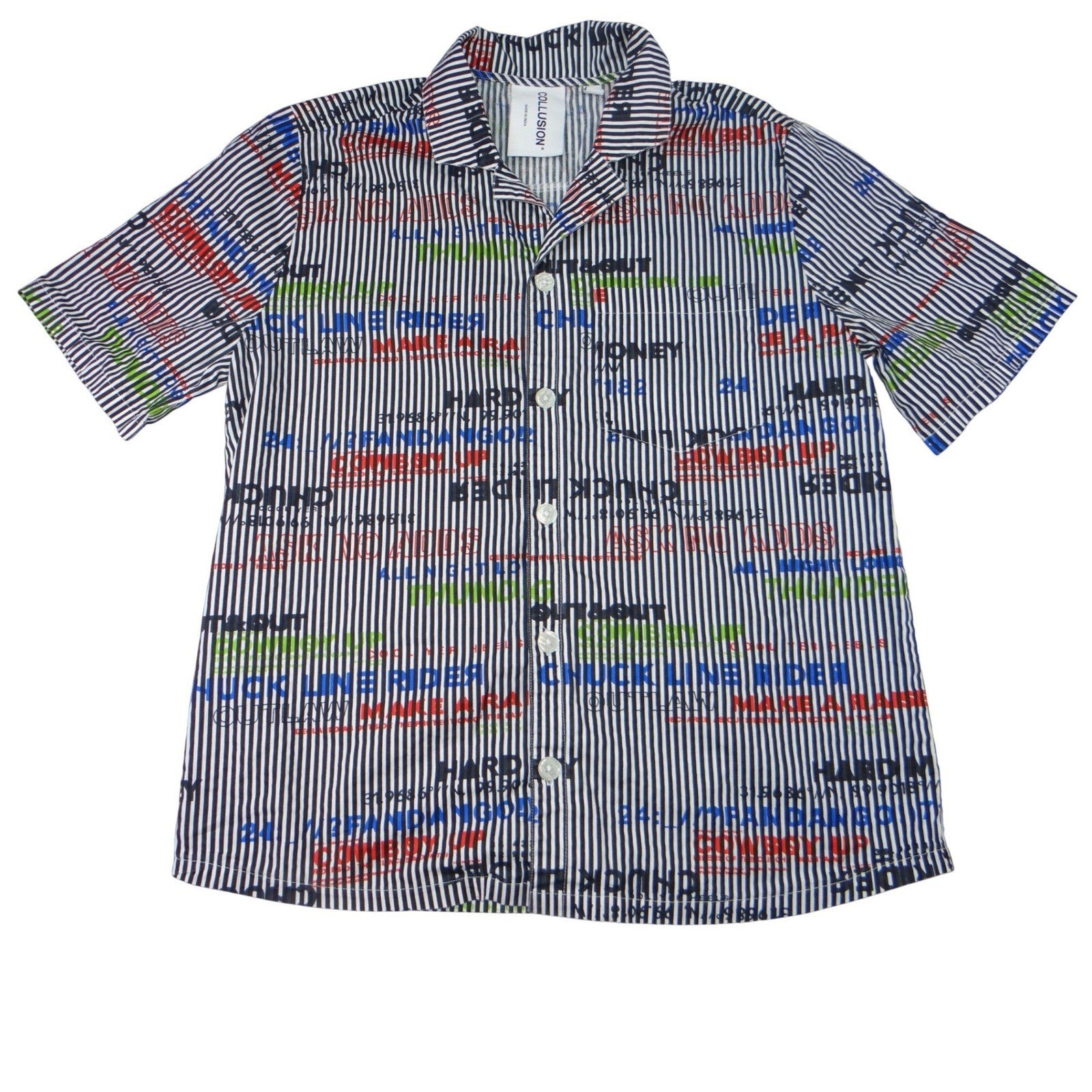 COLLUSION Mens Short Sleeve Button Up Size S Black White Stripe Graphic Print