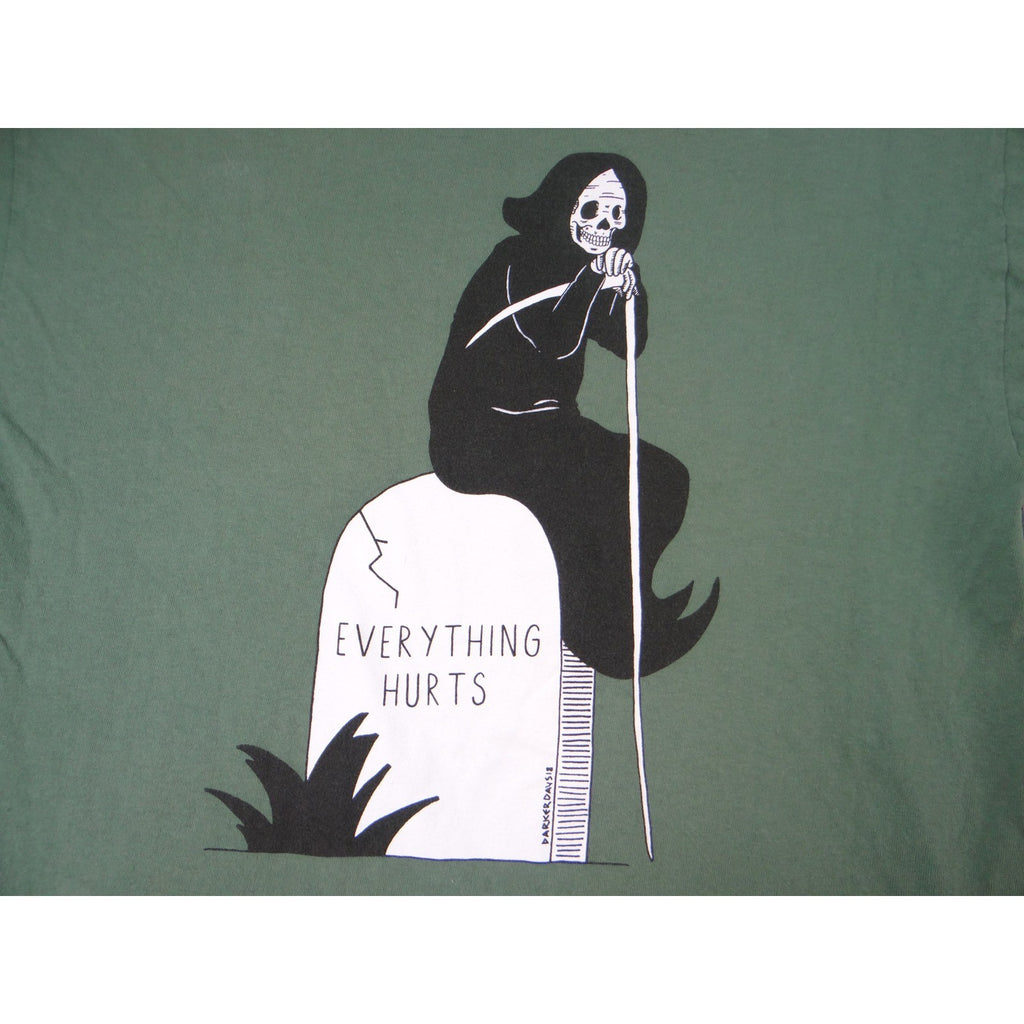 Threadless T Shirt Everything Hurts Grim Reaper Graphic Print Green Size M