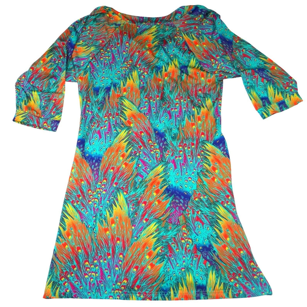 Tracy Negoshian Peacock Feather Print V Neck 3/4 Sleeve Mini Dress Size L