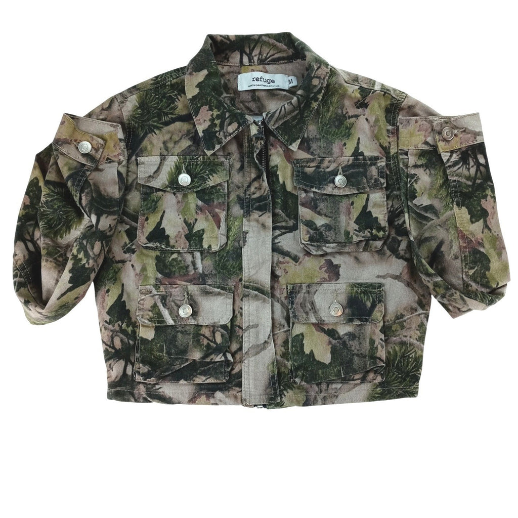 Refuge Camouflage Cropped Denim Jacket Women Size M Utility Pockets Casual