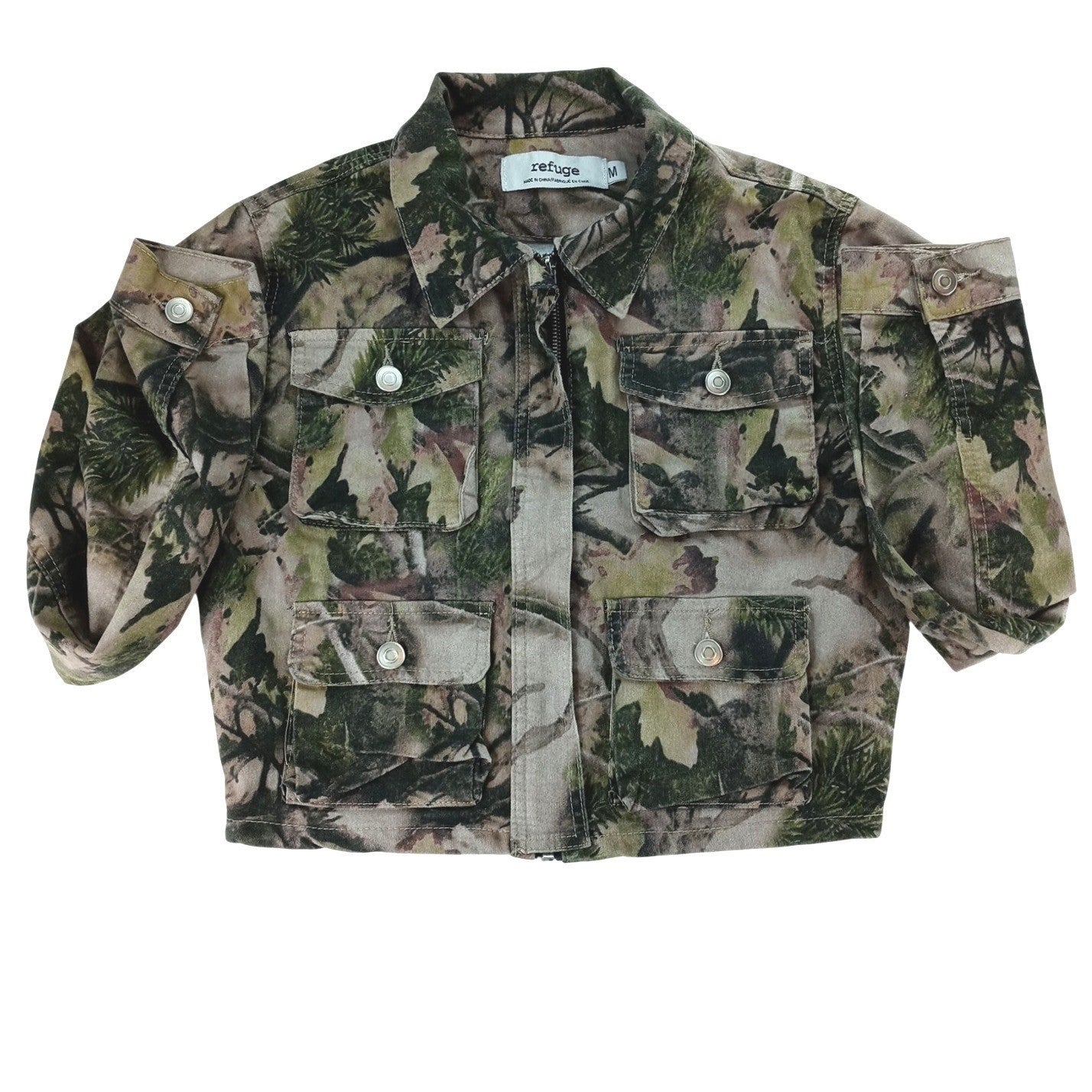 Refuge Camouflage Cropped Denim Jacket Women Size M Utility Pockets Casual