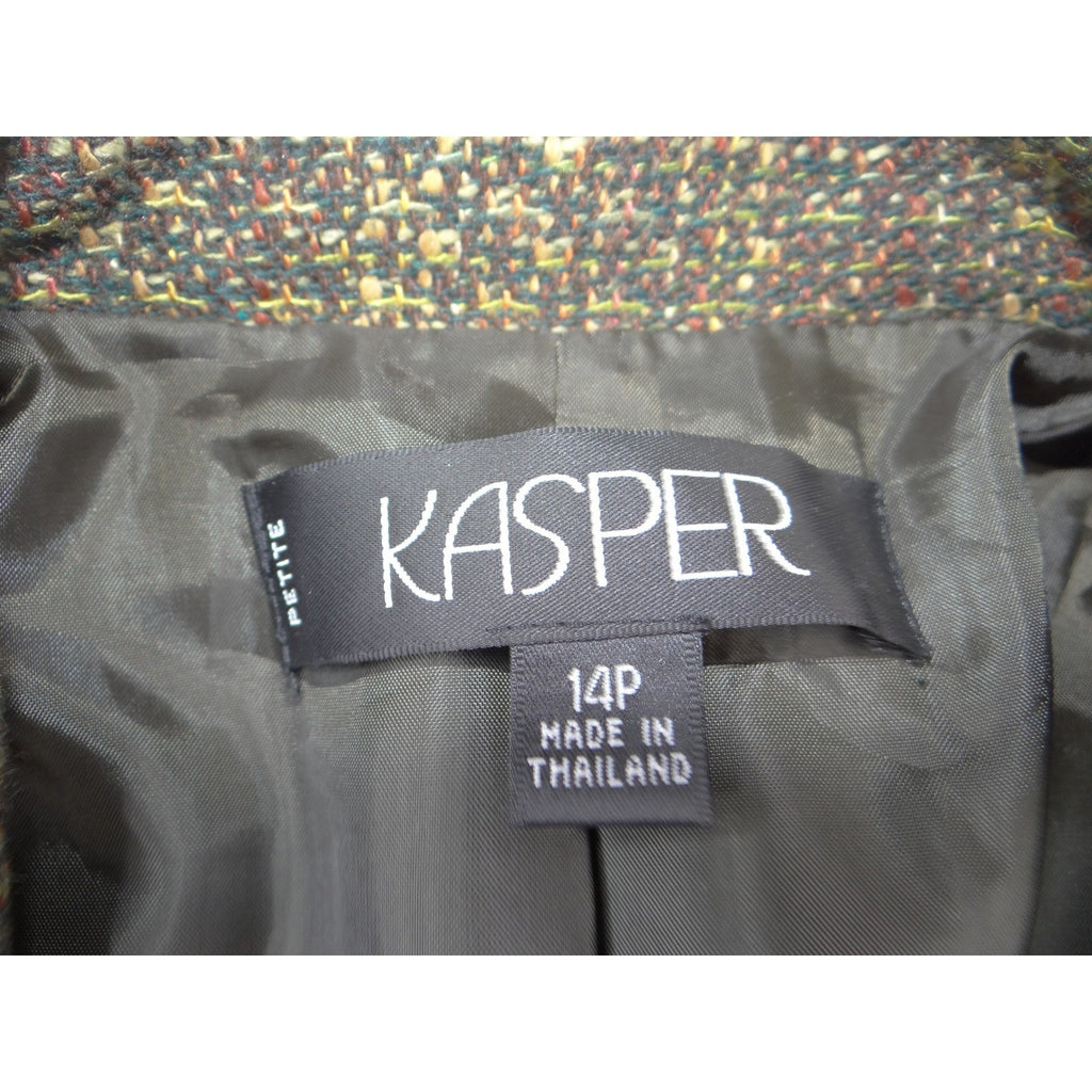 Vintage Kasper Women 14P Tweed Blazer Jacket Olive Green Brown Earth Tone Sz 14