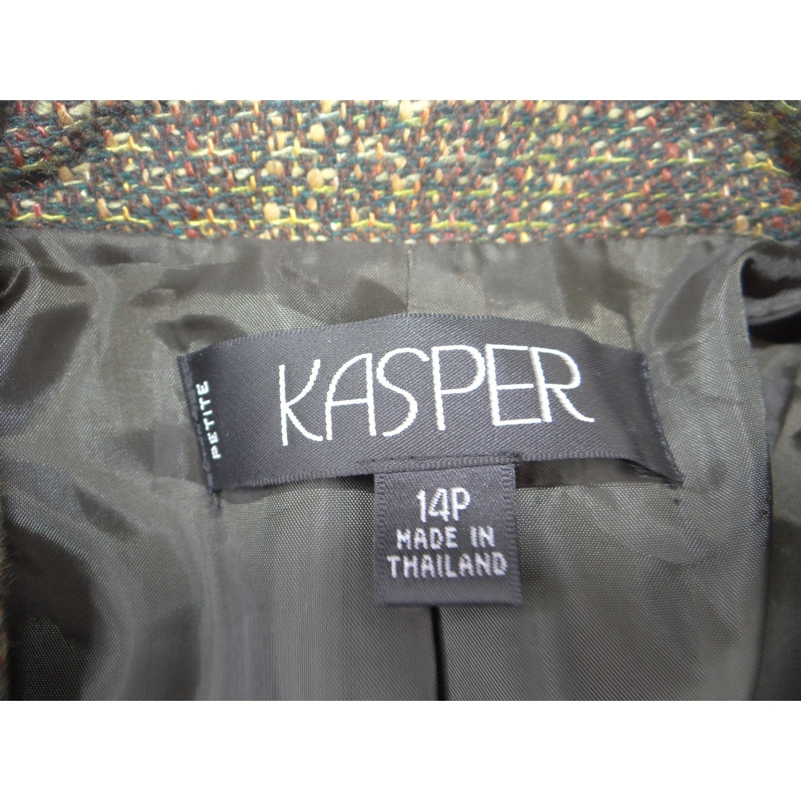 Vintage Kasper Women 14P Tweed Blazer Jacket Olive Green Brown Earth Tone Sz 14