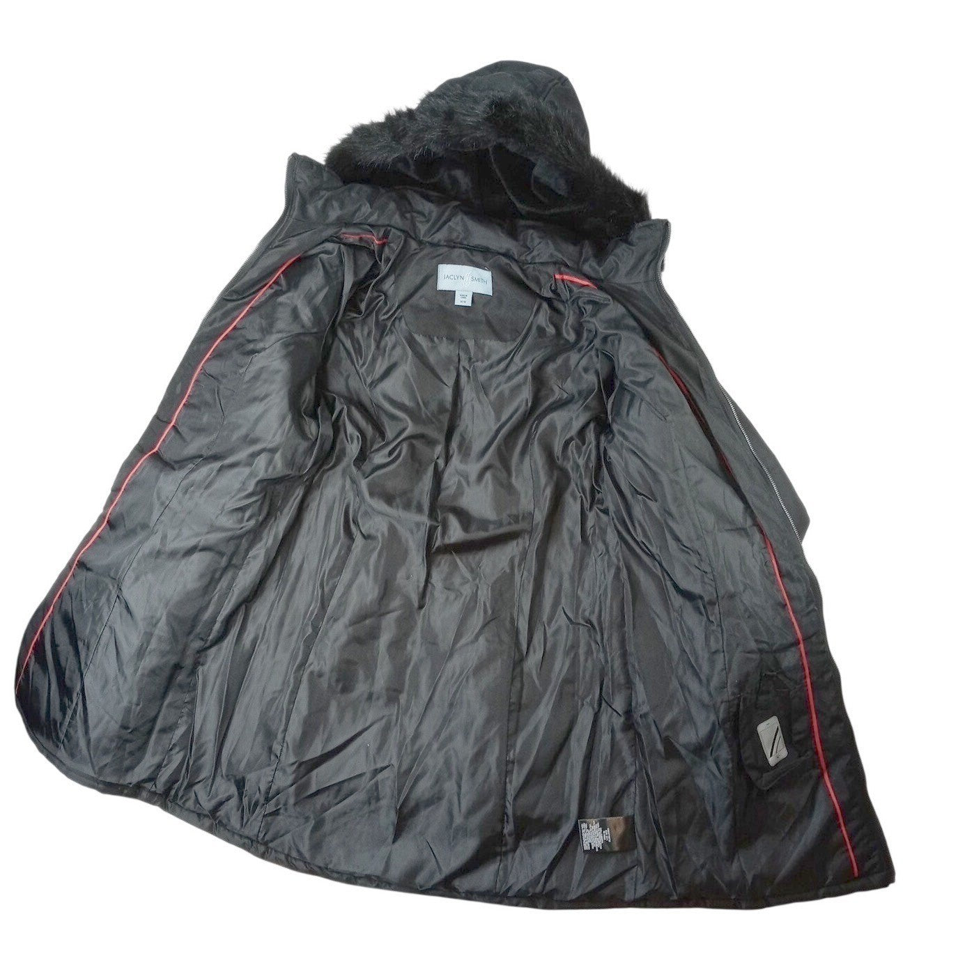 NWT Vintage Womens Black Quilted Long Coat Removable Hood Faux Fur Trim Medium