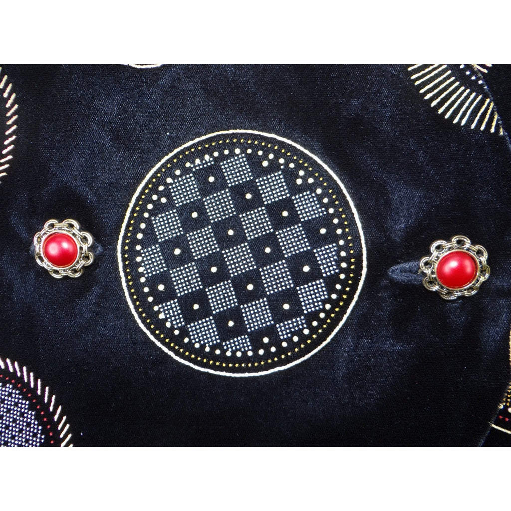 Stunning Vintage Black Velvet Geometric Print Vest with Red Gem Buttons