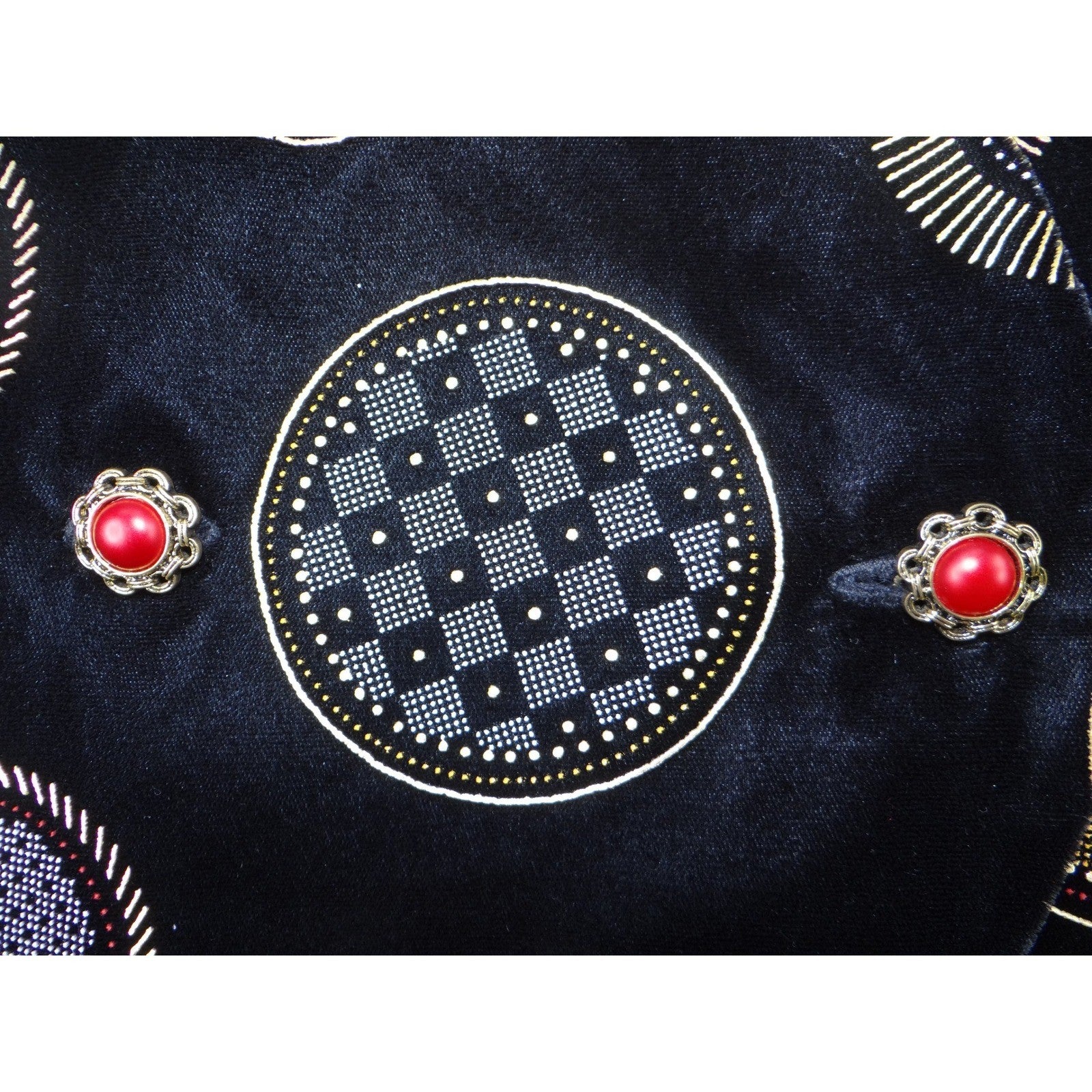 Stunning Vintage Black Velvet Geometric Print Vest with Red Gem Buttons