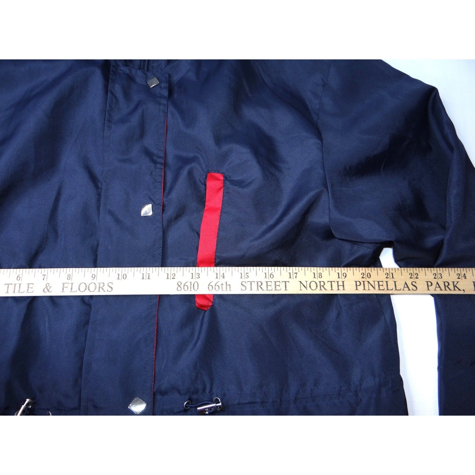 Womens Navy Blue Hooded Lightweight Rain Jacket Red Accents Size M
